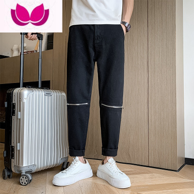 七斓膝盖拉链牛仔裤男设计感潮牌ins痞帅男款裤子小脚休闲九分裤