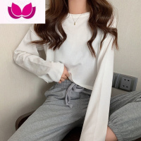 七斓简约百搭纯色长袖T恤女2023打底衫ins潮韩版露脐短款学生上衣