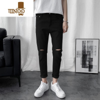 YANXU夏季薄款黑色膝盖一字破洞牛仔裤男款韩版潮流修身小脚九分裤子