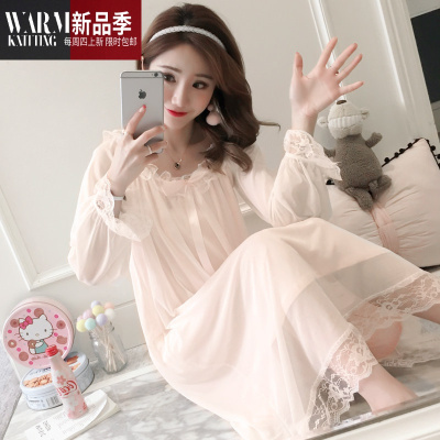 宫廷睡裙春秋复古蕾丝家居服公主风冰丝性感睡衣女夏季薄款带胸垫SHANCHAO