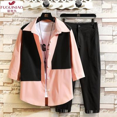 富贵鸟（FUGUINIAO）7XL~M夏季七分短袖衬衫套装男士套装搭配痞帅气韩版潮流九分裤一套衣服
