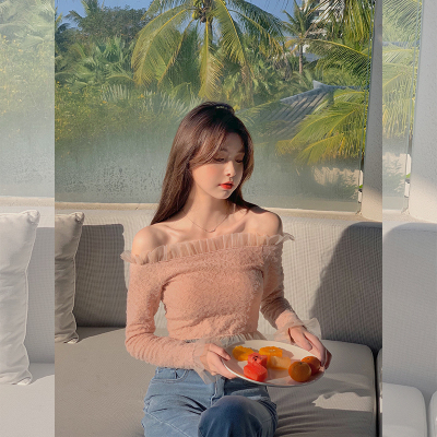 暖青汇锁骨一字肩上衣女甜美设计感小众短款法式温柔仙气长袖小衫衬衫