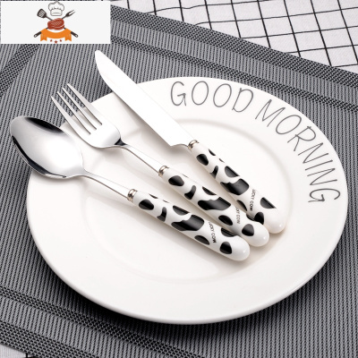 牛排套装不锈钢刀叉勺儿童套装不锈钢刀叉可爱卡通家用西餐具 敬平 黑牛[1刀1叉1勺]