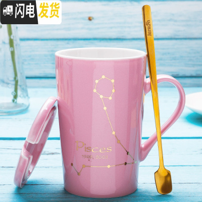 三维工匠创意北欧ins星座陶瓷马克水杯子带盖勺个性潮流情侣女咖啡杯家用 双鱼座-玫瑰金咖啡器具
