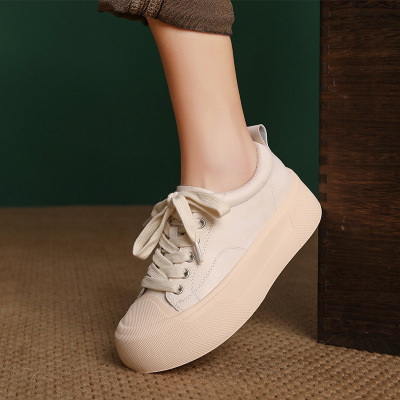 真皮时尚厚底小白鞋女2025春季新款圆头系带百搭休闲平底女鞋