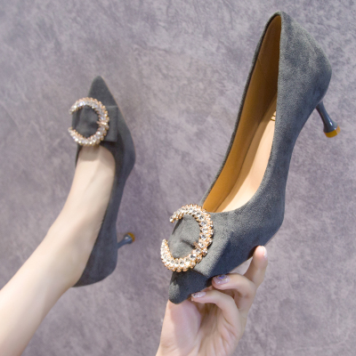 七色王国网红单鞋女2020新款时尚尖头浅口仙女风高跟鞋女细跟水钻红色婚鞋休闲鞋