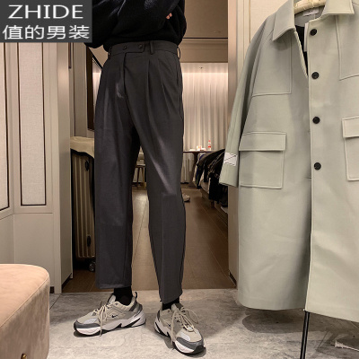 SUNTEK秋季港风坠感小西裤男士宽松直筒阔腿九分裤子男韩版潮流休闲百搭西裤