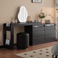 欧梵森梳妆台斗柜一体可伸缩转角黑色化妆桌现代简约卧室收纳柜化妆台