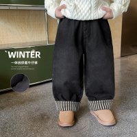 童酷男童冬款韩版做旧宝宝休闲裤条纹脚口一体绒儿童牛仔裤潮