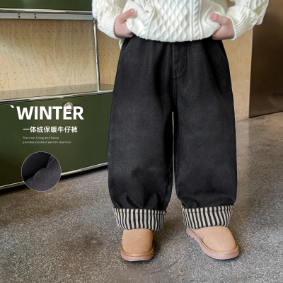 童酷男童冬款韩版做旧宝宝休闲裤条纹脚口一体绒儿童牛仔裤潮