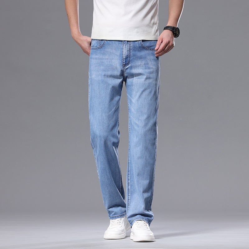 品质宽松直筒牛仔裤男潮牌年轻莱赛尔直筒牛仔裤天丝亚麻春夏男士