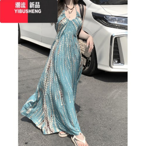 YIBUSHENG法式气质性感挂脖吊带裙女春季显瘦连衣裙度假风大摆裙子 蓝绿色 均码