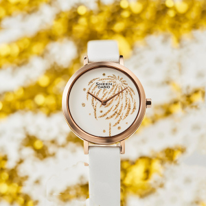 新年送礼CASIO旗舰店卡西欧手表女石英表女表商务防水SHEEN和风系列时尚蓝宝石太阳能防水简约女士手表SHS-C130