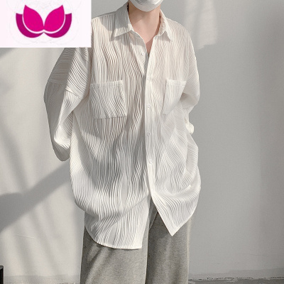 七斓褶皱冰丝衬衫男长袖夏季薄款潮牌ins港风休闲痞帅高级感衬衣外套