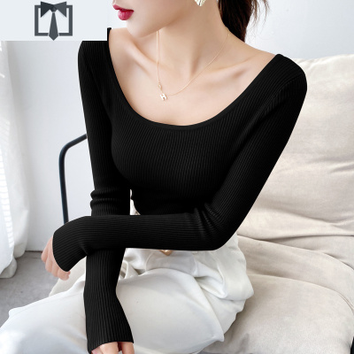 suntek黑色低领毛衣女修身内搭秋冬新款圆领针织衫上衣大领口长袖打底