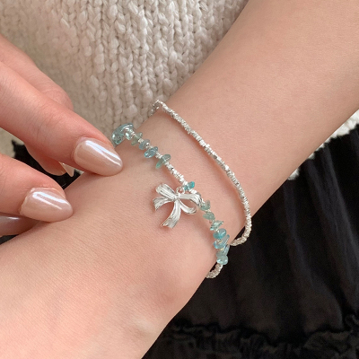 S925纯银蝴蝶结天然石碎银手链女款清新甜美叠戴手串小众手饰送女朋友老婆情人节七夕生日礼物