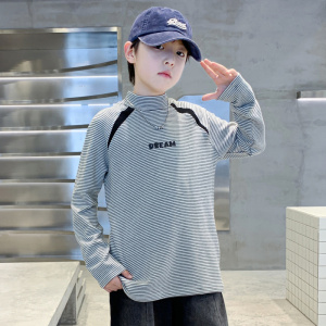 男童秋冬款德绒打底衫新款男孩加厚儿童条纹上衣大童高领冬季