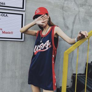 迪鲁奥(DILUAO)2021韩版风学生无袖T恤女新款篮球服中长款宽松上衣背心裙女 蓝色 默认颜色 M