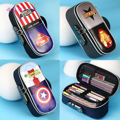 米詅儿童密码锁笔盒锁文具盒笔袋超人钢铁侠大容量幼儿园铅笔盒