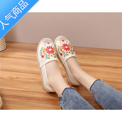 SUNTEK新款春夏乐福鞋女复古懒人刺绣平底老北京时尚绣花棉麻亚麻单鞋潮