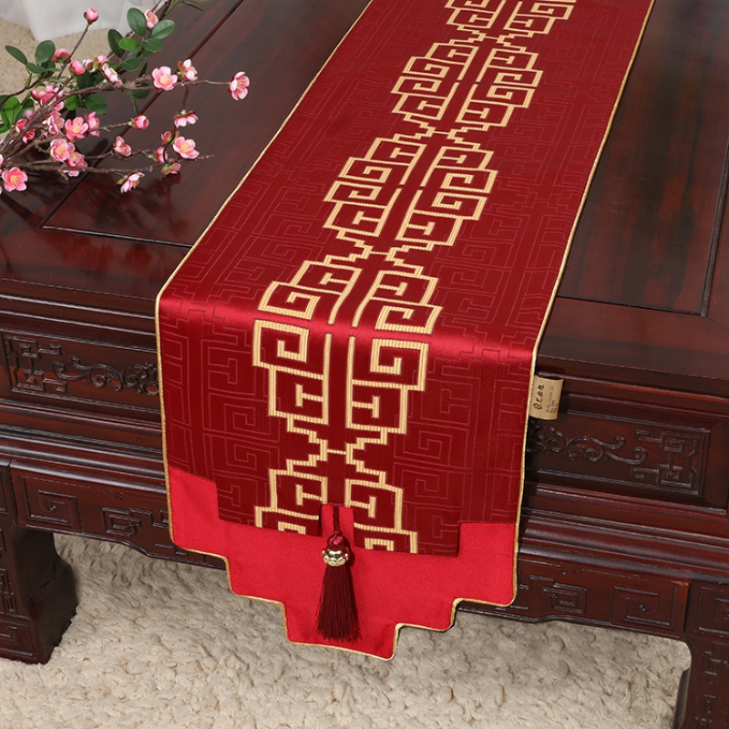 美帮汇新中式古典玉桌旗茶几长条布艺中国风桌布床柜旗电视柜盖布 如意纹红 34*200适合桌长140-150CM