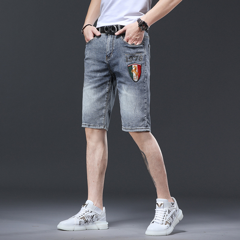 潮牌五分牛仔裤子男夏季新款烫钻刺绣休闲弹力直简品牌牛仔短裤男