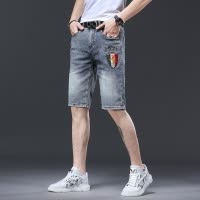 潮牌五分牛仔裤子男夏季新款烫钻刺绣休闲弹力直简品牌牛仔短裤男