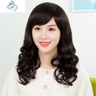 假发女长卷发斜刘海中年妈妈长发逼真自然全头套式中老年中长卷发你那么美进口丝浅棕色+发网护理液