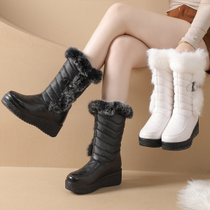 冬季新款户外兔毛雪地靴女防水防滑加绒中筒靴坡跟厚底面包鞋
