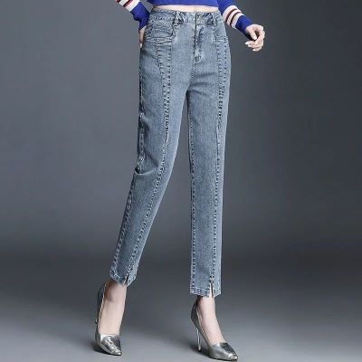 牛仔裤女春2021新款高腰弹力哈伦裤显S九分裤女百搭长裤小脚裤子青戈