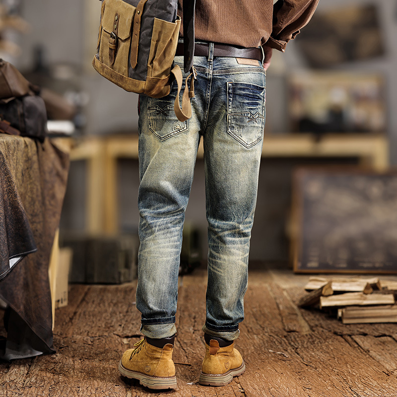 艺术感复古美式牛仔裤男高街时尚潮牌修身轻奢高端休闲直筒裤1057