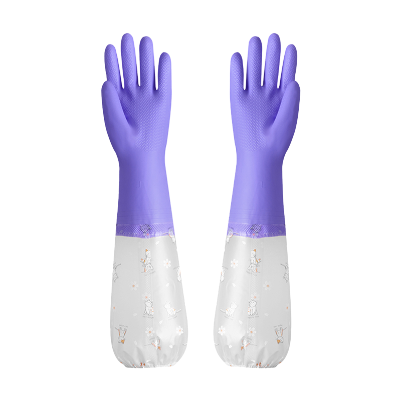 一倍 紫色橡胶带袖家务手套 M码国产1双装防滑耐磨设计