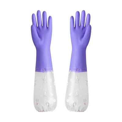 一倍 紫色橡胶带袖家务手套 M码国产1双装防滑耐磨设计