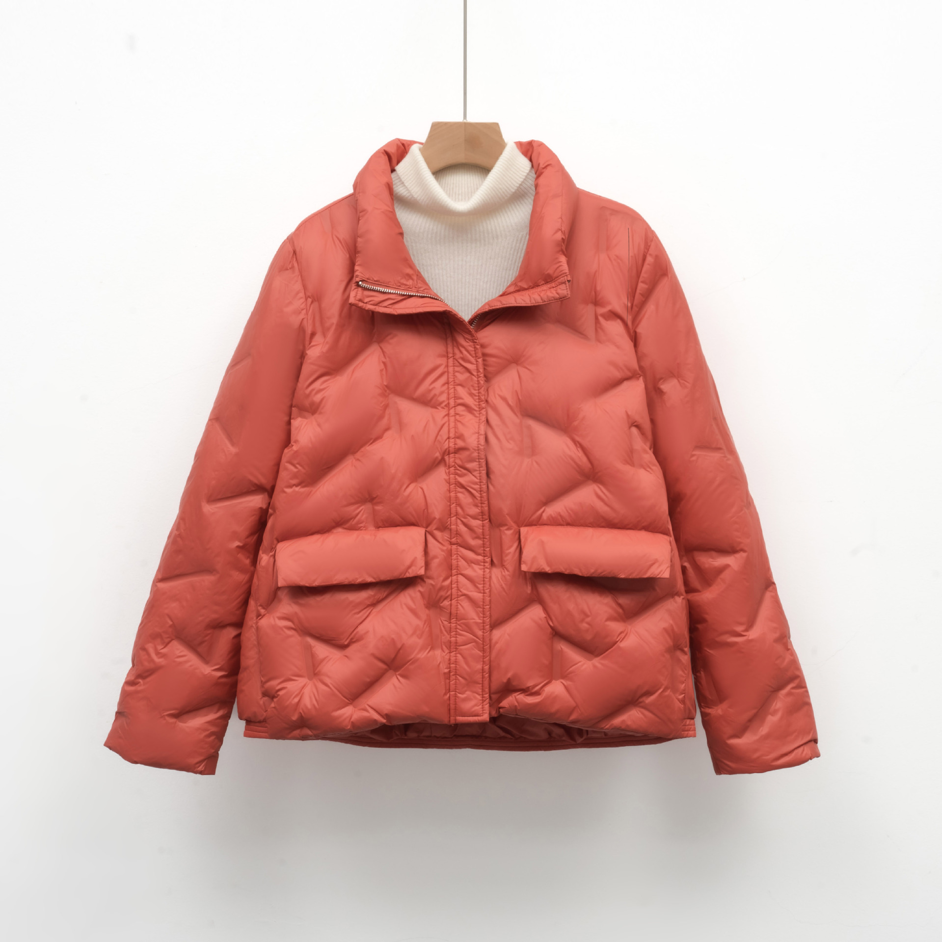 新款简约女式90绒女装立领压胶纯色羽绒服短款大码外套_6731