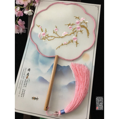 中国风刺绣花团扇圆形宫扇女式长柄古代宫廷汉服拍照舞蹈扇子三维工匠长门红莲