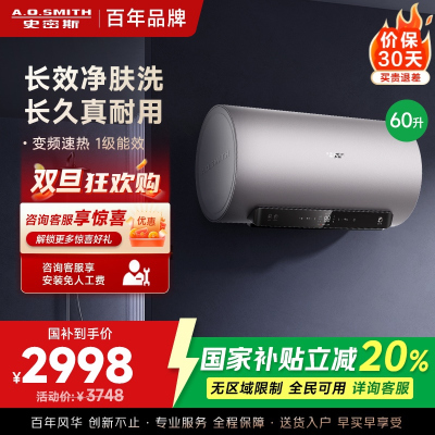 AO史密斯电热水器60升 国家补贴 80吨长效净水洗 免清洗 3kW变频速热 金圭特护 短款 E60ED6