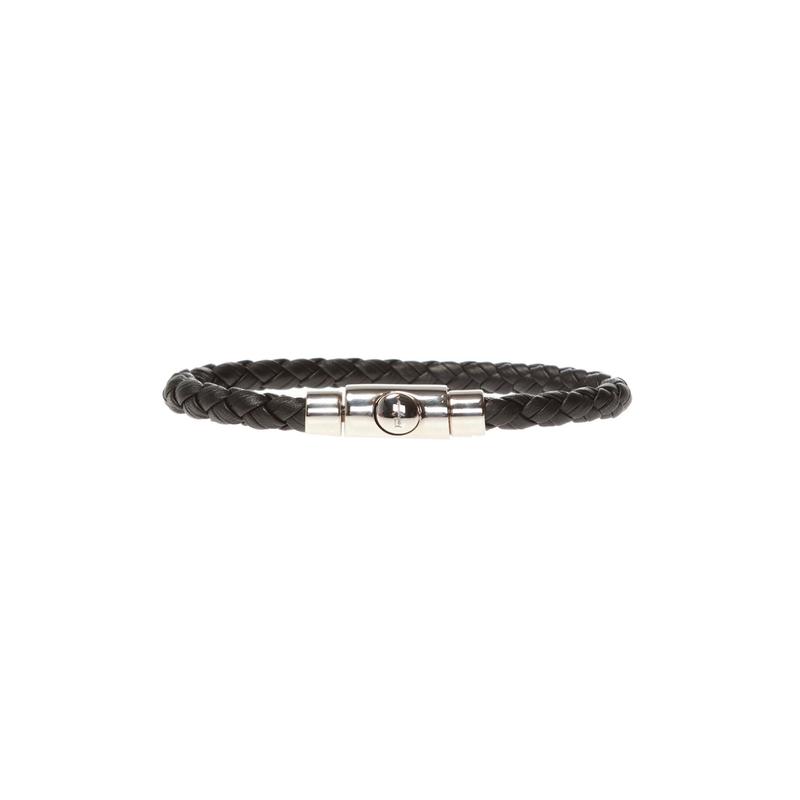 Salvatore Ferragamo黑金小牛皮编织手链男款饰品装饰银色logo搭扣皮质腕饰