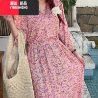 YIBUSHENG棉绸连衣裙女日收腰薄款甜美碎花V领大摆人造棉度假沙滩长裙子