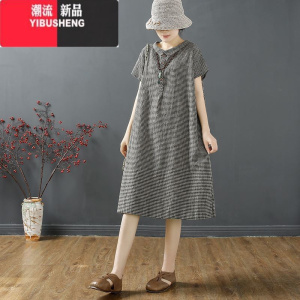 YIBUSHENG文艺范复古格子棉麻连衣裙女季新款宽松遮肚亚麻中长款衬衫裙子