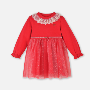 [1件3折]铅笔俱乐部童装秋装新款女小童连衣裙儿童网纱裙蕾丝边装饰蝴蝶结织带