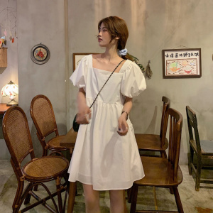 新款夏季韩版宽松短袖方领连衣裙女学生宽松网红洋气显瘦裙子
