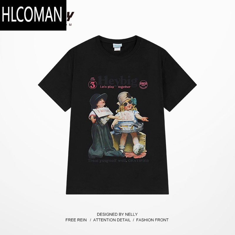 HLCOMANins印花短袖t恤女男夏季新款美式复古欧美高街潮牌百搭上衣bf