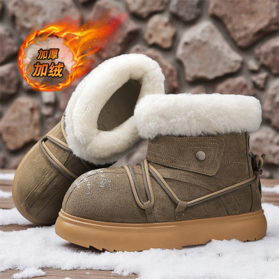 冬季新款雪地靴男款厚底保暖防滑皮毛一体大头绑带棉靴男士