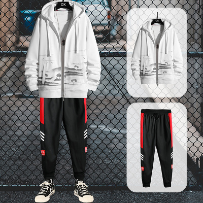 狮臣SHICHEN开衫卫衣套装男2021年春季新款卫衣套装男士连帽两件套青少年运动服韩版潮卫衣套装男休闲套装男装TZ8014白色L