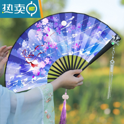 XIANCAI抖音同款扇子双面彼岸花九尾狐男女生霸气古装汉服绢布折扇中国风 白鹿仙踪(白莲穗+扇骨贴花)