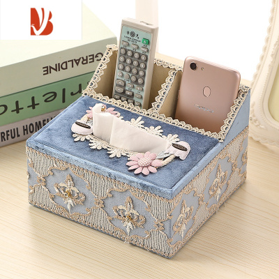 三维工匠欧式多纸巾盒客厅抽纸盒遥控器收纳盒布艺蕾丝桌面纸抽盒家用 琉璃-蓝色