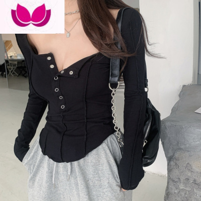 七斓大码胖妹妹U领长袖t恤女新款打底衫内搭修身纯欲风别致上衣