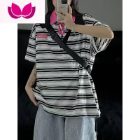 七斓设计感小众短袖Polo衫T恤女夏季美式复古条纹百搭宽松体恤上衣ins