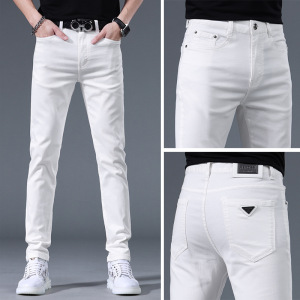 夏季新款高端白色牛仔裤男士潮牌修身小脚弹力休闲长裤子男款