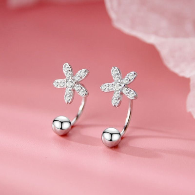 s925银针镶钻花朵耳钩女小众设计U形螺丝扭扣耳钉耳骨钉ins耳饰送女朋友老婆情人节七夕生日礼物